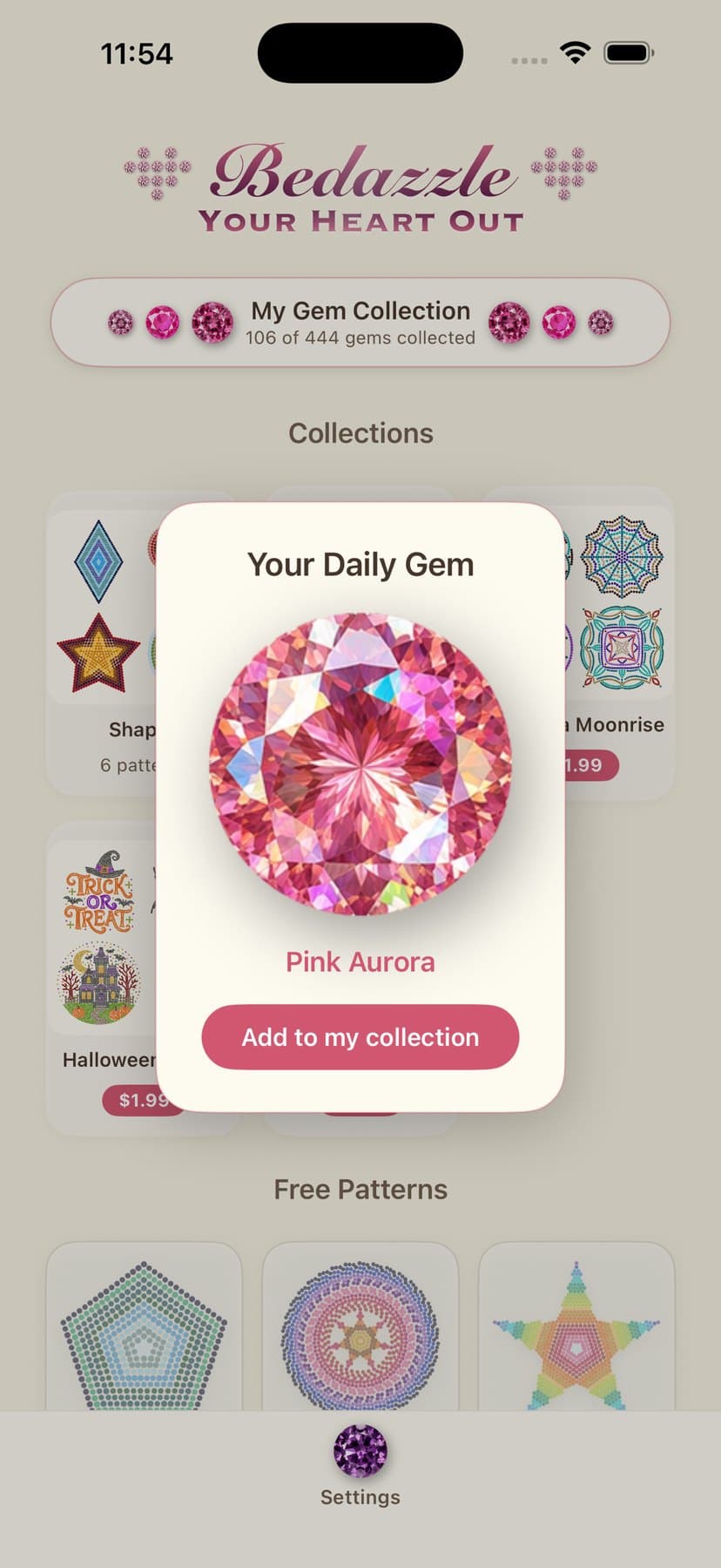 The home screen, with the daily gem ~ Pink Aurora ~ waiting to be collected